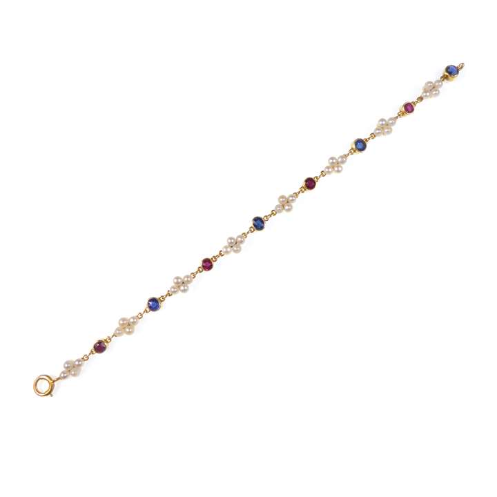 Antique pearl quatrelobe, ruby and sapphire bracelet